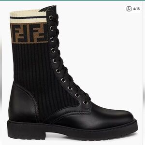 Fendi logo Rockoko leather and knit logo Combat ankle boots size 35.5/5.5